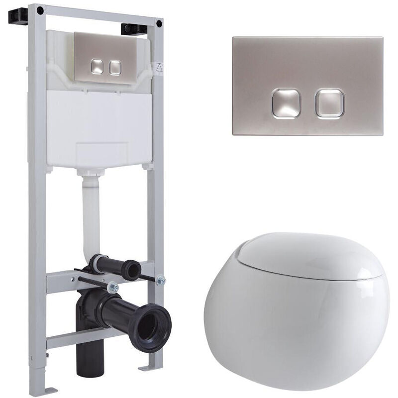 Milano Mellor - White Ceramic Modern Bathroom Wall Hung Round Toilet WC with Tall Wall Frame Cistern and Square Chrome Flush Plate