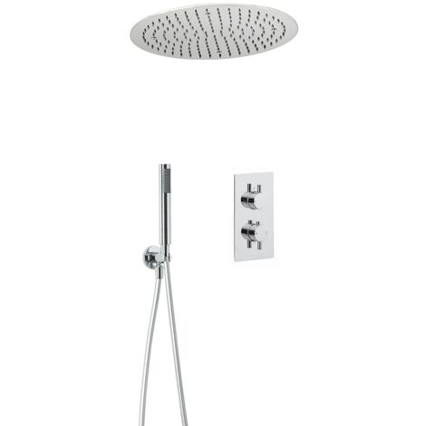 Milano Mirage 2 Outlet Twin Diverter Thermostatic Mixer Shower Valve with Ceiling Mounted 400mm Round Recessed Rainfall Shower Head and Hand Shower Handset Kit - Chrome