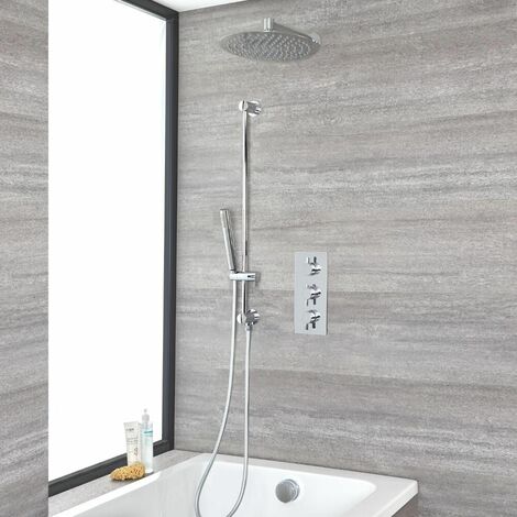 Milano Mirage 3 Outlet Triple Thermostatic Mixer Shower Valve with Wall Mounted 300mm Round Rainfall Shower Head  Hand Shower Handset Slide Rail Bar Kit and Overflow Bath Filler Tap - Chrome