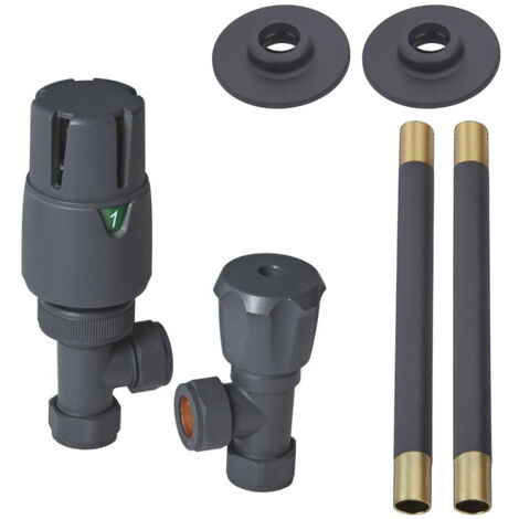 main image of "Milano - Modern Anthracite Angled Thermostatic Heated Towel Rail Radiator Valves and Pipe Connector Kit"