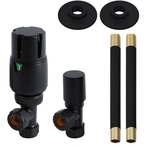 Milano - Modern Black Angled Thermostatic Heated Towel Rail Radiator Valves and Pipe Connector Kit