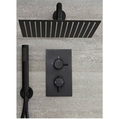 Milano Nero 2 Outlet Twin Diverter Thermostatic Mixer Shower Valve with Wall Mounted 300mm Square Rainfall Shower Head and Hand Shower Handset Kit - Black