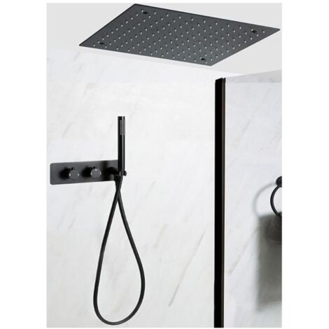 Milano Nero 2 Outlet Twin Diverter Thermostatic Mixer Valve with 400mm Square Recessed Ceiling Mounted Rainfall Shower Head and Hand Shower Handset Kit - Black
