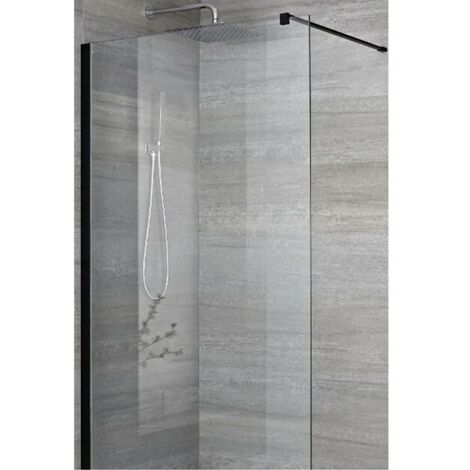 Milano Nero 700mm Black Recessed Walk In Wet Room Shower Enclosure with Screen  Profile and Support Arm - 1200mm Tile Insert Shower Drain