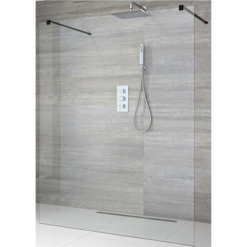 Nero - 700mm Black Floating Glass Walk In Wet Room Shower Enclosure with Screen and Support Arms - 250mm Tile Insert Corner Shower Drain - Milano
