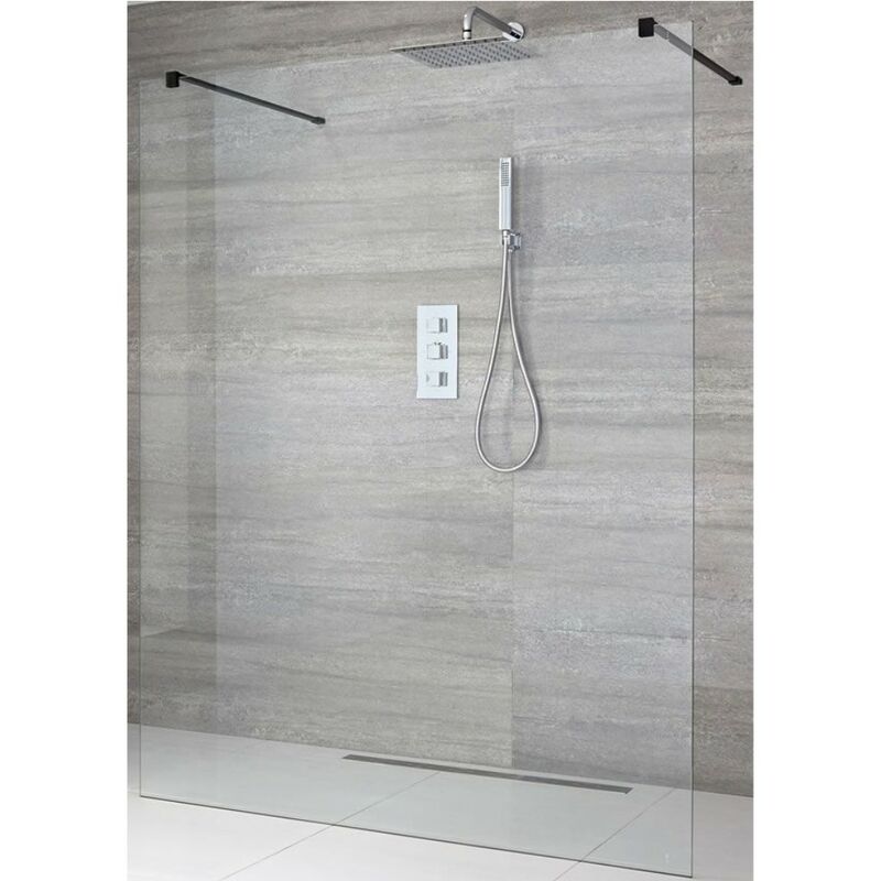 Nero - 700mm Black Floating Glass Walk In Wet Room Shower Enclosure with Screen and Support Arms - 200mm Square Tile Insert Shower Drain - Milano