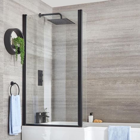 main image of "Milano Nero - 800mm L-Shaped Square Bath Shower Screen - Black"