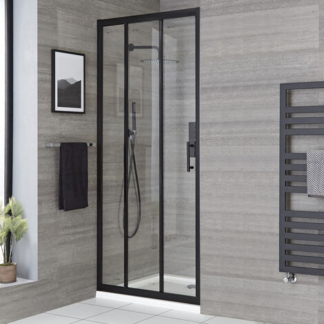 Milano Nero - 900mm Reversible Wet Room Shower Enclosure Triple Sliding Door with Side Panel - Black