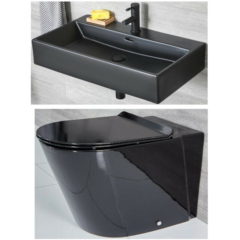 Nero - Black Ceramic Modern Back to Wall Toilet WC and Wall Hung Bathroom Basin Sink with One Tap Hole - Milano