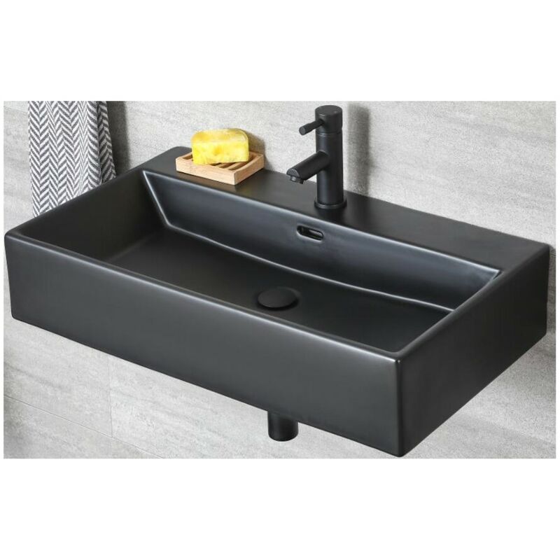 Nero - Black Ceramic Modern Wall Hung Bathroom Basin Sink with One Tap Hole - 750mm x 420mm - Milano