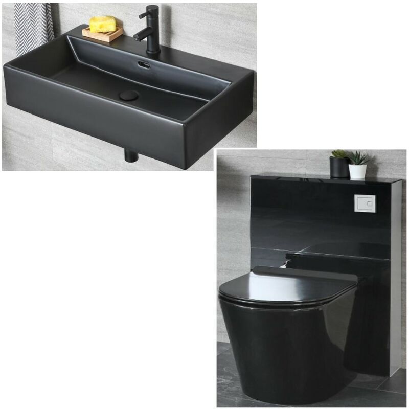 Nero - Black Ceramic Modern Wall Hung Bathroom Basin Sink with One Tap Hole and Back to Wall Toilet WC Unit with Pan, Cistern and Soft Close Seat