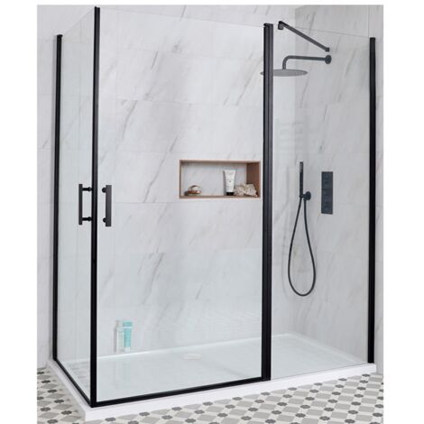 Milano Nero Black Corner Walk In Wet Room Hinged Door Shower Enclosure with White Tray and Fast Flow Waste - 1600mm x 760mm