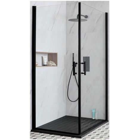 Milano Nero - Black Corner Walk In Wet Room Hinged Double Door Shower Enclosure with Graphite Slate Effect Tray and Fast Flow Waste - 900mm x 900mm