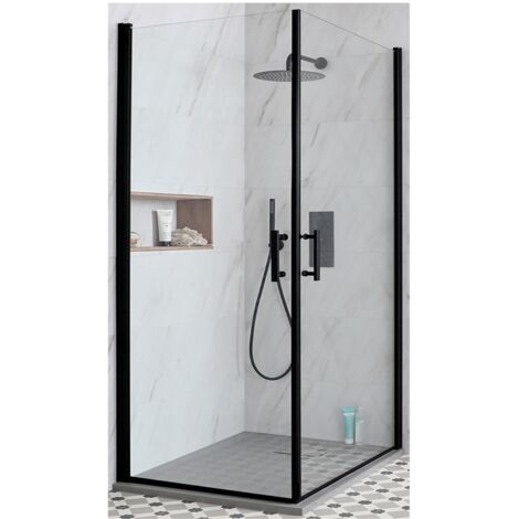 Milano Nero - Black Corner Walk In Wet Room Hinged Double Door Shower Enclosure with Light Grey Slate Effect Tray and Fast Flow Waste - 900mm x 900mm