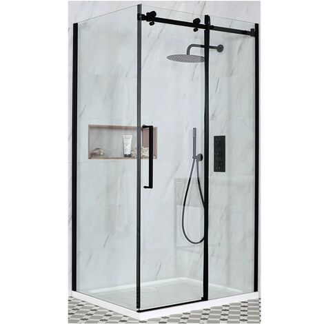 Milano Nero Black Reversible Corner Frameless Sliding Door Shower Enclosure with White Tray and Fast Flow Waste - 1100mm x 800mm