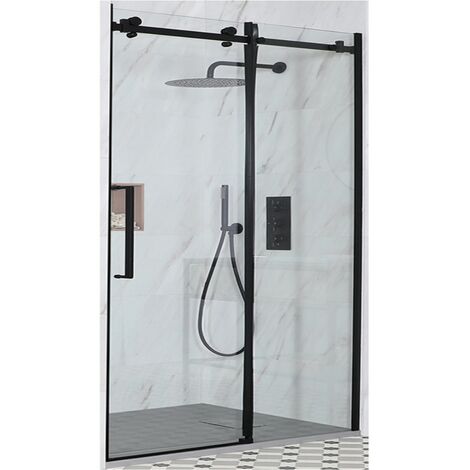 Milano Nero Black Reversible Frameless Sliding Door Shower Enclosure with Light Grey Slate Effect Tray and Fast Flow Waste - 1100mm x 700mm