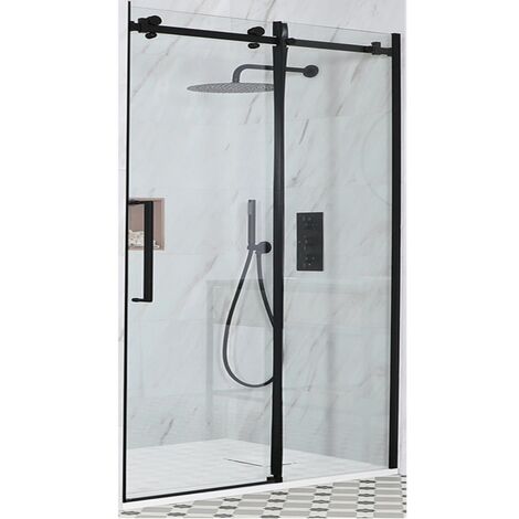 Milano Nero Black Reversible Frameless Sliding Door Shower Enclosure with White Slate Effect Tray and Fast Flow Waste - 1100mm x 700mm