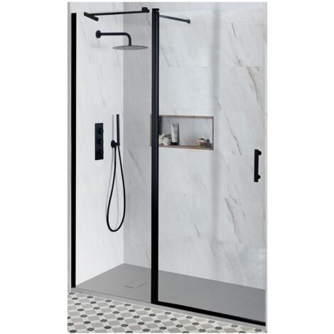 Milano Nero Black Reversible Recessed Hinged Door Shower Enclosure and Light Grey Slate Effect Tray with Fast Flow Waste - 1600mm x 800mm