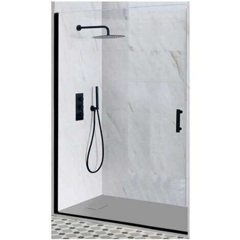 Milano Nero Black Reversible Recessed Hinged Door Shower Enclosure and Light Grey Slate Effect Tray with Fast Flow Waste - 900mm x 900mm