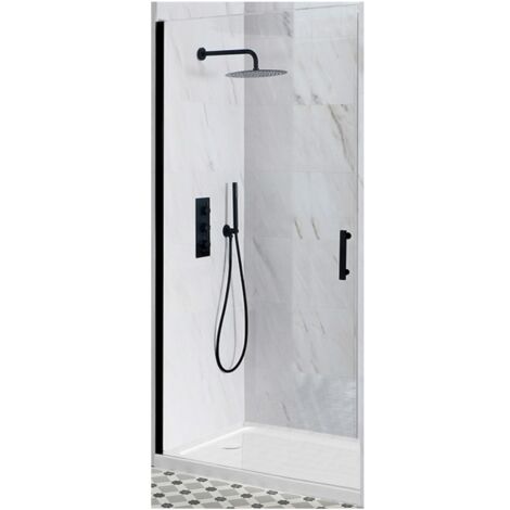 Milano Nero Black Walk In Wet Room Hinged Door Shower Enclosure and White Tray with Fast Flow Waste - 1000mm x 900mm