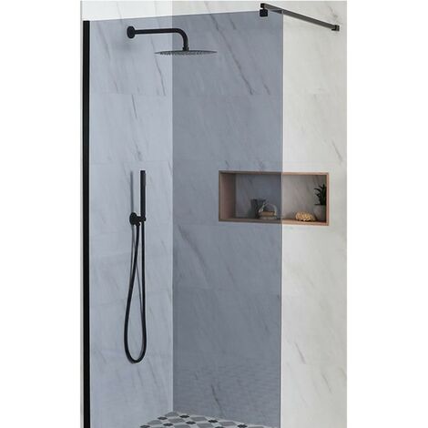 Milano Nero-Luna 1400mm Black Recessed Walk In Frameless Wet Room Shower Enclosure with Smoked Glass Screen and Support Arm - No Shower Drain