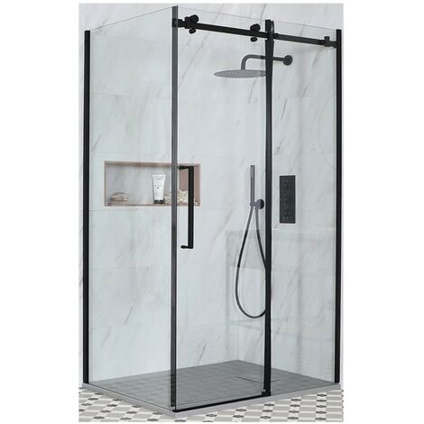 main image of "Milano Nero - Reversible Corner Frameless Shower Enclosure with Sliding Door and Slate Effect Tray with Fast Flow Waste - Black"