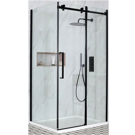 main image of "Milano Nero - Reversible Corner Frameless Shower Enclosure with Sliding Door and White Tray with Fast Flow Waste - Black"