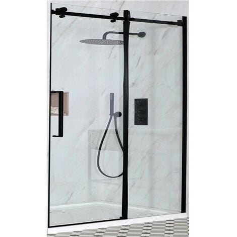 main image of "Milano Nero - Reversible Recessed Frameless Shower Enclosure with Sliding Door and White Tray with Fast Flow Waste - Black"
