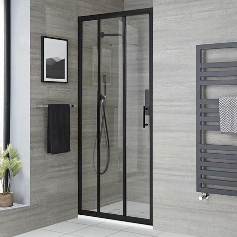 Milano Nero - Reversible Walk In Wet Room Shower Enclosure with Triple Sliding Door and 800mm x 800mm White Slate Effect Tray with Fast Flow Waste - Black