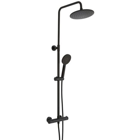 Milano Nero Round Thermostatic Bar Mixer Shower Valve with Fixed Rainfall Shower Head and Hand Shower Handset Kit - Black