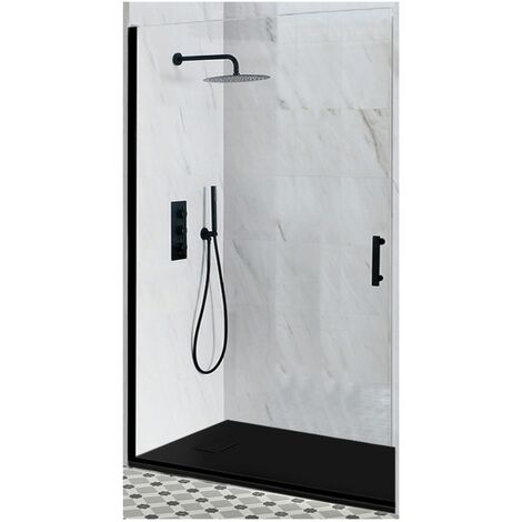 Milano Nero - Walk In Wet Room Hinged Door Shower Enclosure&44 1000mm x 800mm Graphite Slate Effect Tray and Fast Flow Waste - Black