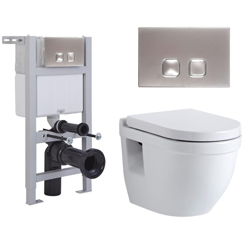 Newby - White Ceramic Modern Bathroom Wall Hung Round Toilet WC with Short Wall Frame, Dual Flush Cistern, Soft Close Seat and Square Chrome Flush