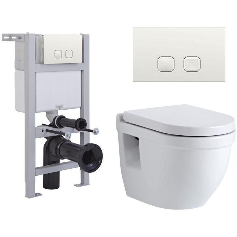 Milano Newby - White Ceramic Modern Bathroom Wall Hung Round Toilet WC with Short Wall Frame, Dual Flush Cistern, Soft Close Seat and Square White