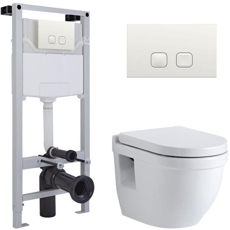 Milano Newby - White Ceramic Modern Bathroom Wall Hung Round Toilet WC with Tall Wall Frame, Dual Flush Cistern, Soft Close Seat and Square White
