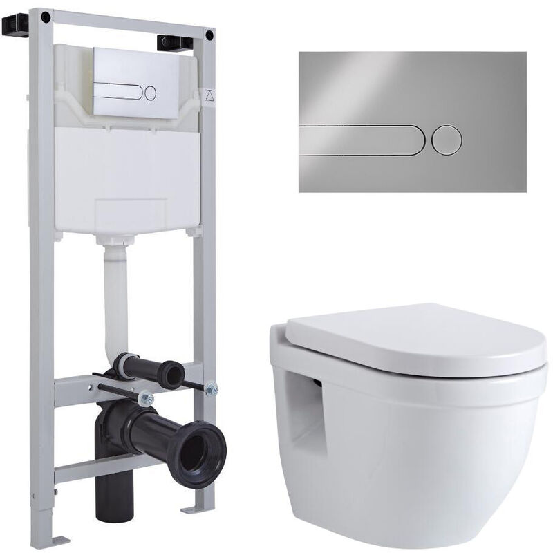 Milano Newby - White Ceramic Modern Bathroom Wall Hung Round Toilet WC with Short Wall Frame, Dual Flush Cistern, Soft Close Seat and Black Flush