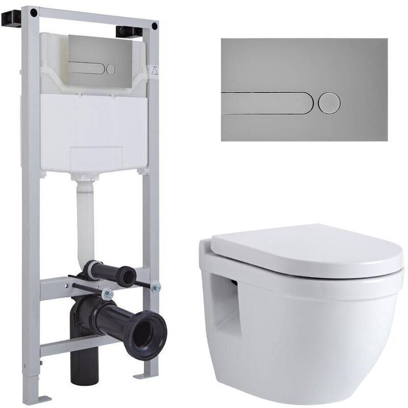 Milano Newby - White Ceramic Modern Bathroom Wall Hung Round Toilet WC with Tall Wall Frame, Dual Flush Cistern, Soft Close Seat and Dot Satin Chrome