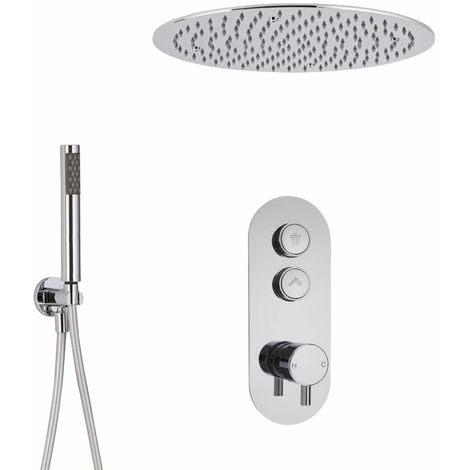 Milano Orta - Modern Two Outlet Push Button Thermostatic Shower Mixer Valve with 400mm Round Ceiling Mounted Recessed Rainfall Shower Head and Hand Shower Handset Kit - Chrome