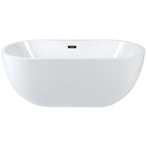 Milano Overton Bathroom 1800mm x 750mm Double Ended Freestanding Oval Bath with Overflow and White Push Button Waste - Black Overflow