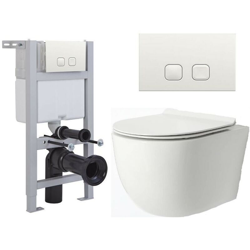 Milano Overton - White Ceramic Modern Bathroom Wall Hung Rimless Toilet with Short Wall Frame, Cistern and White Square Flush Plate