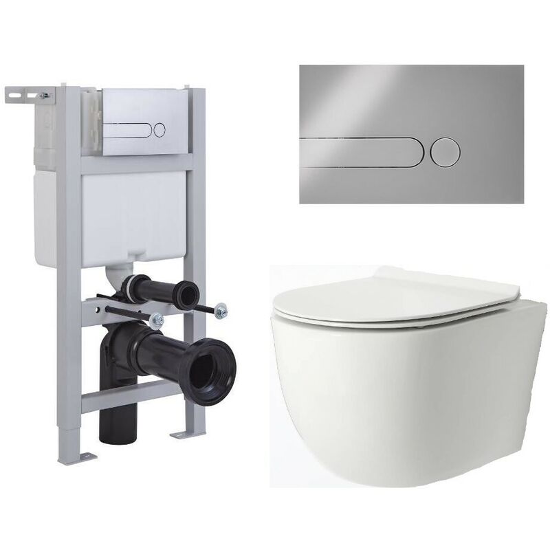 Milano Overton - White Ceramic Modern Bathroom Wall Hung Rimless Toilet with Short Wall Frame, Cistern and Chrome Square Dot Flush Plate
