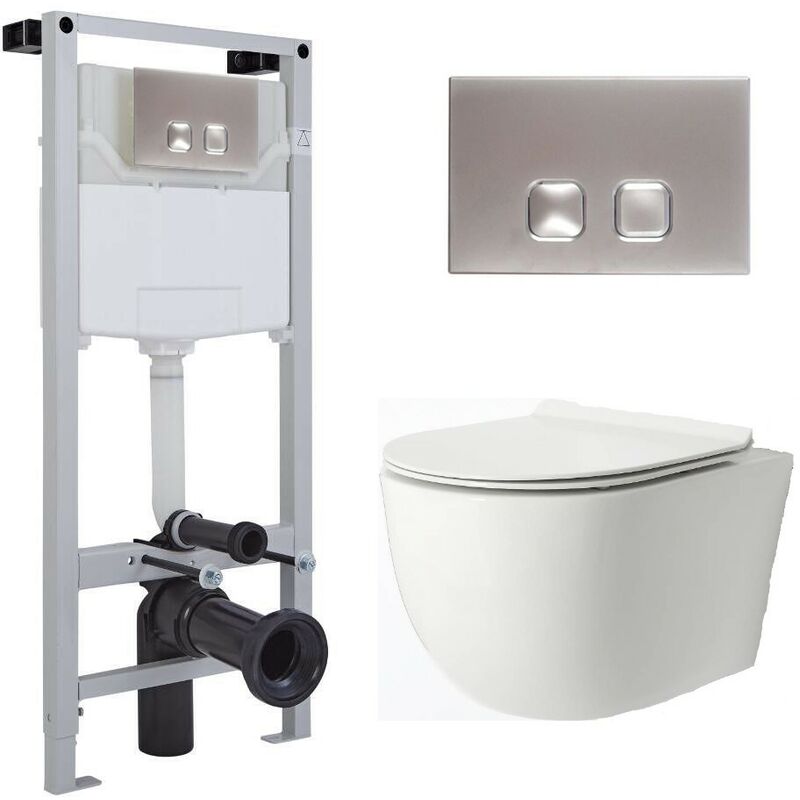 Milano - Overton - White Ceramic Modern Bathroom Wall Hung Rimless Toilet with Tall Wall Frame, Cistern and Chrome Square Flush Plate