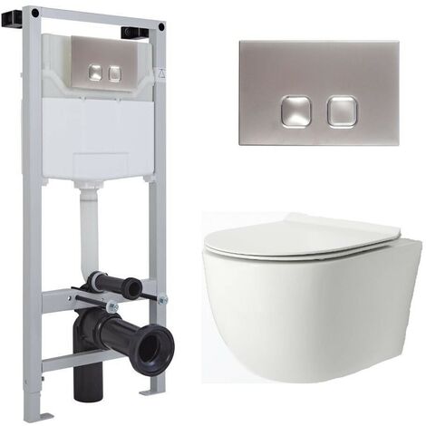 Milano Overton - White Ceramic Modern Bathroom Wall Hung Rimless Toilet with Tall Wall Frame&44 Cistern and Flush Plate - Chrome Square Flush Plate