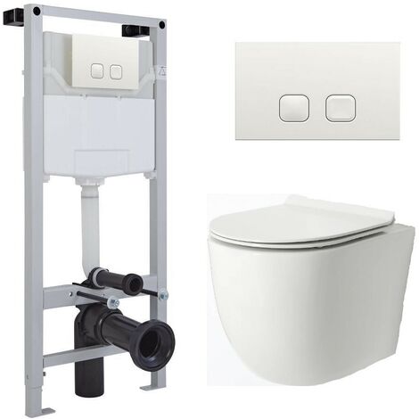 Milano Overton - White Ceramic Modern Bathroom Wall Hung Rimless Toilet with Tall Wall Frame  Cistern and Flush Plate