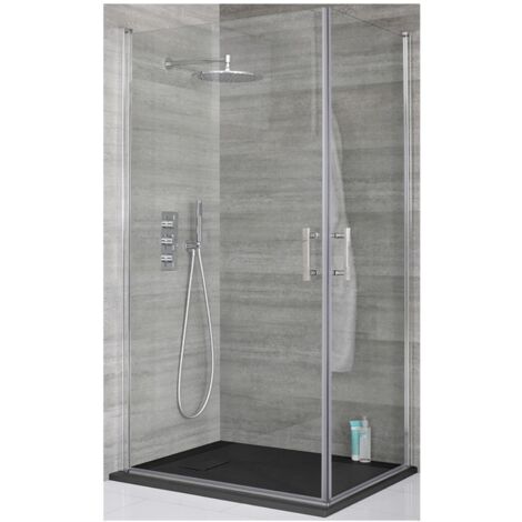 Milano Portland Chrome Corner Walk In Wet Room Double Hinged Door Shower Enclosure with Graphite Slate Effect Tray and Fast Flow Waste - 1000mm x 800mm