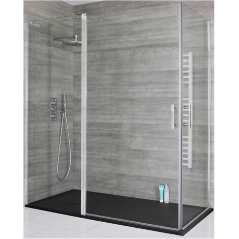 Milano Portland Chrome Corner Walk In Wet Room Double Hinged Door Shower Enclosure with Graphite Slate Effect Tray and Fast Flow Waste - 1400mm x 800mm