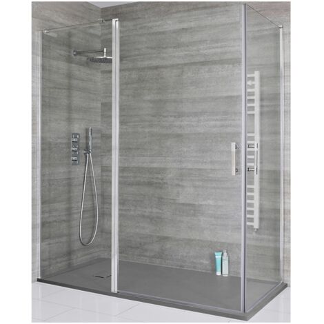 Milano Portland Chrome Corner Walk In Wet Room Double Hinged Door Shower Enclosure with Light Grey Slate Effect Tray and Fast Flow Waste - 1400mm x 800mm