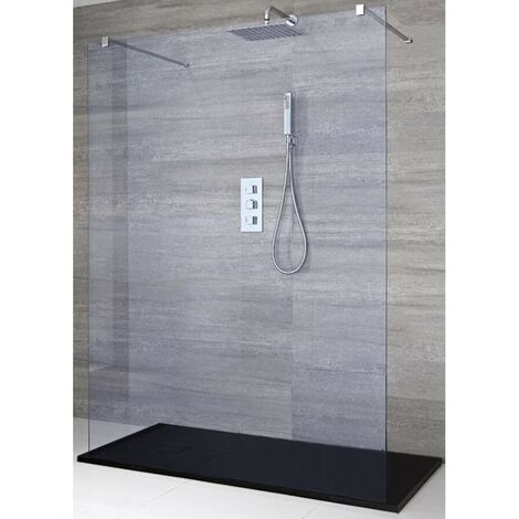 Milano Portland-Luna Chrome Floating Walk In Frameless Wet Room Shower Enclosure with Smoked Glass Screen  Support Arms and Graphite Slate Effect Tray - 1400mm x 800mm