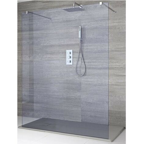Milano Portland-Luna Chrome Floating Walk In Frameless Wet Room Shower Enclosure with Smoked Glass Screen  Support Arms and Light Grey Slate Effect Tray - 1400mm x 900mm