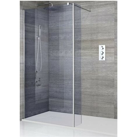 Milano Portland-Luna - Recessed Walk In Frameless Wet Room Shower Enclosure with Smoked Glass Screen and Hinged Return Panel Support Arm and Slate Effect Tray - Chrome