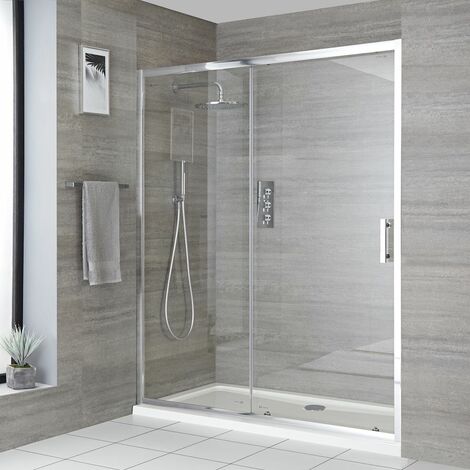 Milano Portland - Reversible Walk In Wet Room Shower Enclosure with Sliding Door and 1400mm x 700mm White Tray with Fast Flow Waste - Chrome